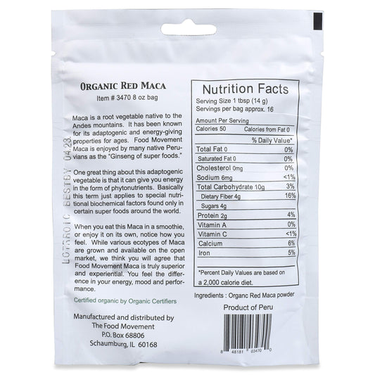 The Food Movement Co Red Maca powder pack from high-altitude Peru.