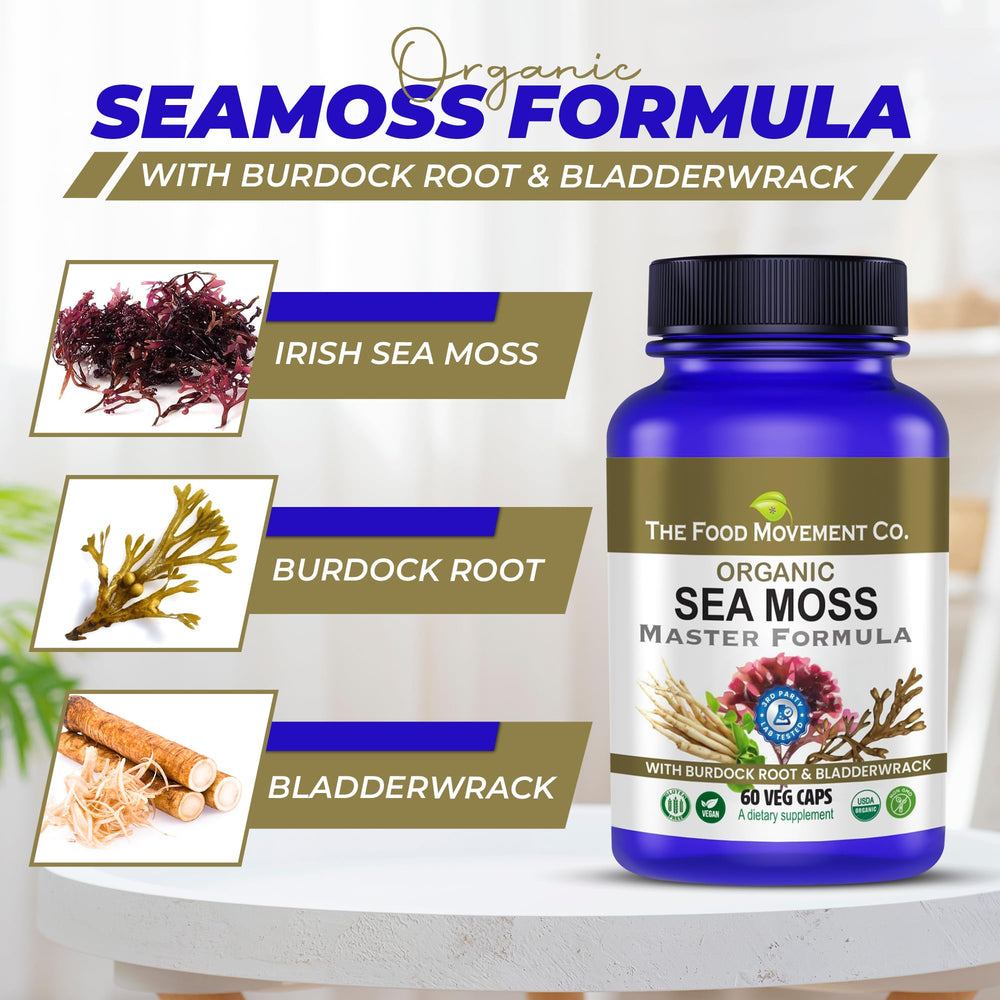 Bladderwrack and burdock blend shown as natural ingredients for gut-supporting nutrition.