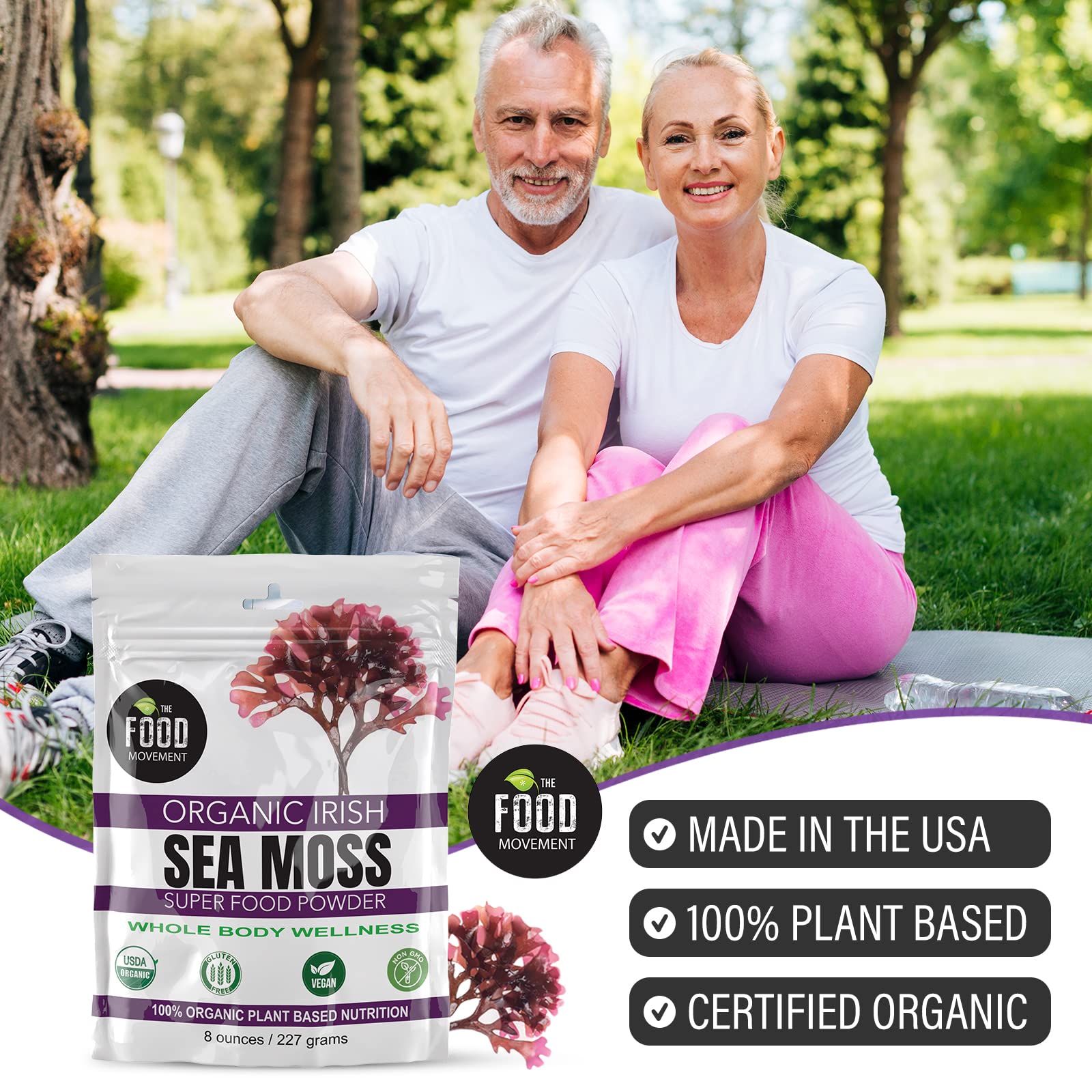 The Food Movement Co Sea Moss Powder vegan kosher icons indicate plant based option