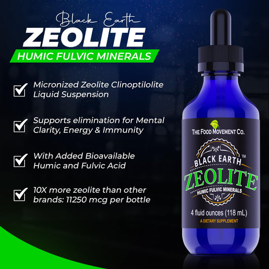 The Food Movement Co Black Earth Zeolite twinpack bottles side by side for convenient dosing.