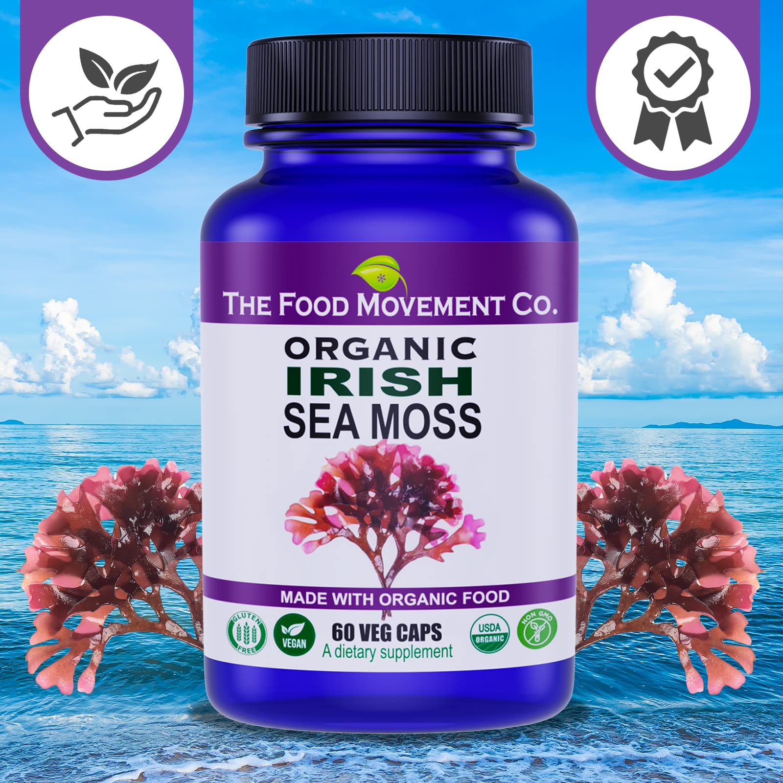The Food Movement Co vegan-friendly sea moss bottle with label highlighting gluten-free formulation.