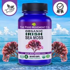 The Food Movement Co vegan-friendly sea moss bottle with label highlighting gluten-free formulation.