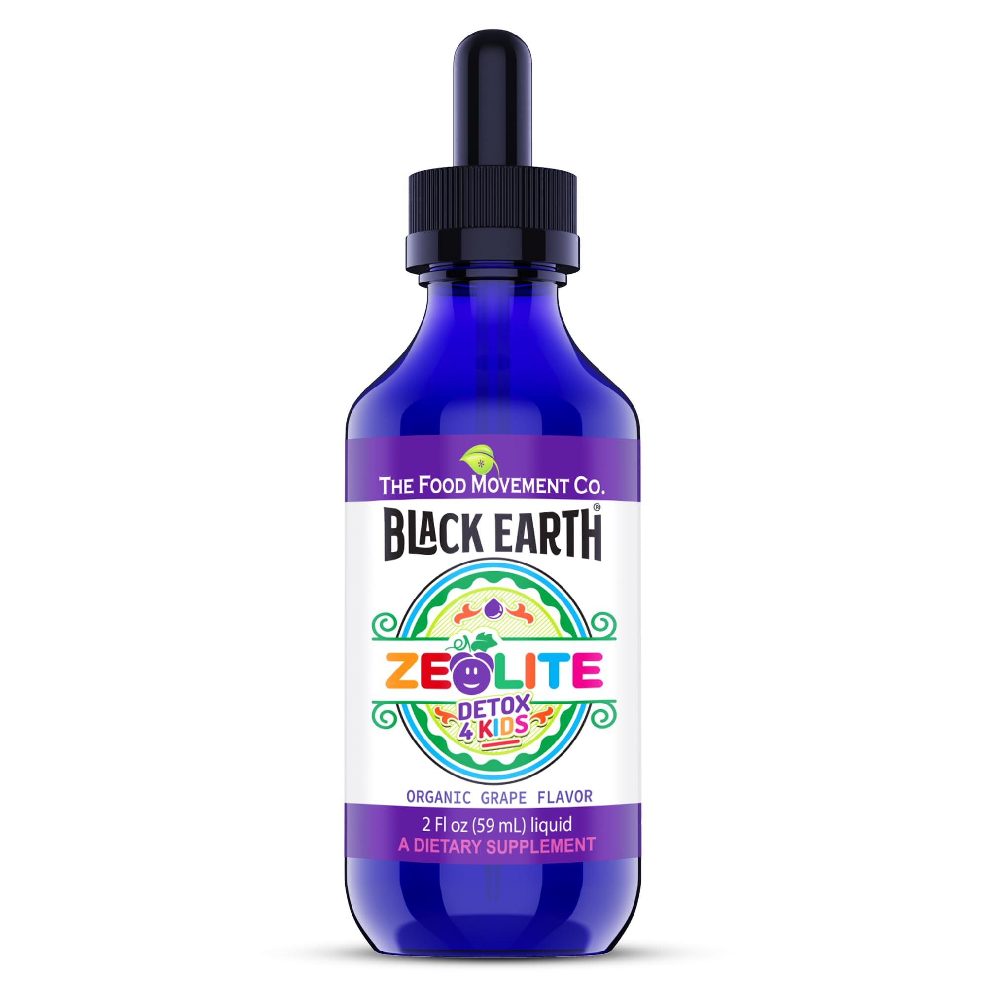 The Food Movement Co Zeolite Detox for Kids bottle pour supports gentle dosing.