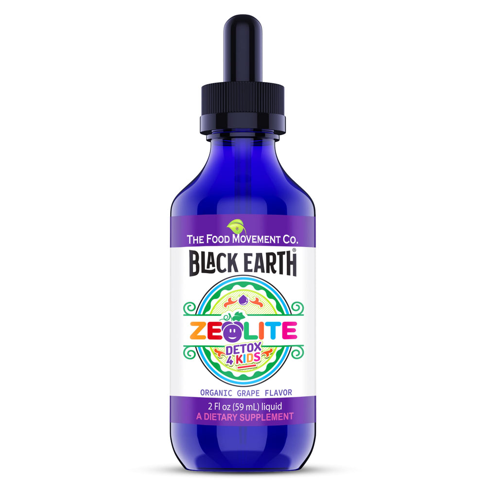 The Food Movement Co Zeolite Detox for Kids bottle pour supports gentle dosing.