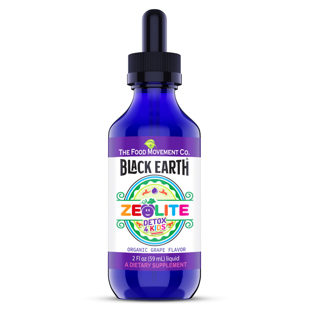 The Food Movement Co Zeolite Detox for Kids bottle pour supports gentle dosing.