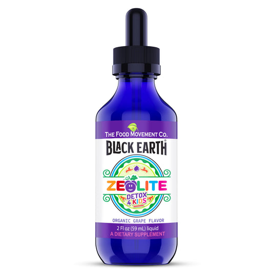 The Food Movement Co Zeolite Detox for Kids bottle pour supports gentle dosing.