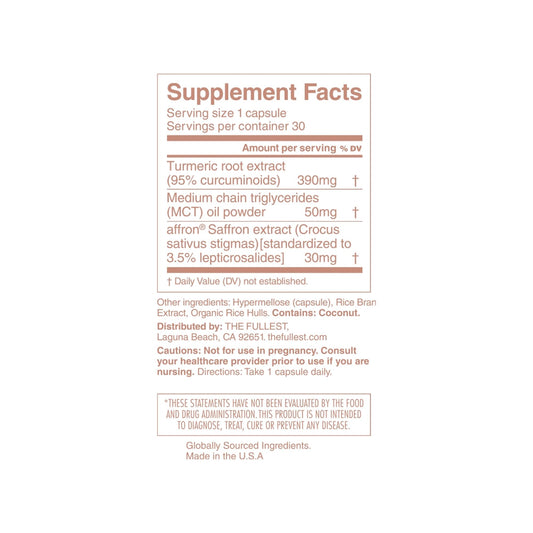 The Fullest saffron capsules bottle label for gluten-free vegan use