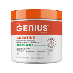 The Genius Brand front packaging showing creatine tub and branding for quick ID