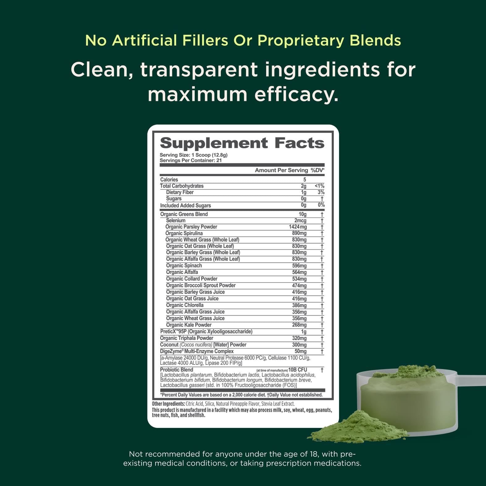 The Genius Brand greens pineapple scoop shows measured daily servings for convenience.