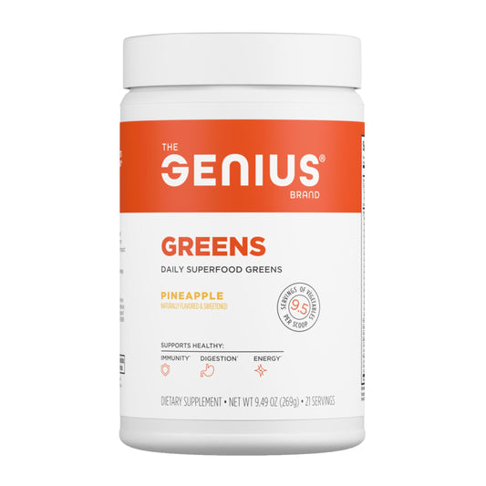 The Genius Brand Daily Superfood Greens Pineapple tub for easy daily nutrition.