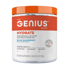 Genius Hydrate bottle label shows a clean electrolyte option with coconut water