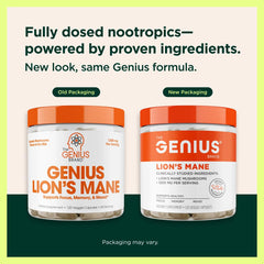 Genius Lion's Mane capsules close-up, showing organic, plant-based ingredients for cognitive support.
