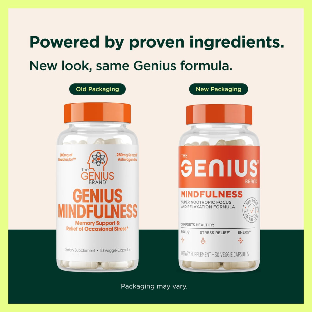 The Genius Brand Genius Mindfulness bottle label close-up highlights natural ingredients.