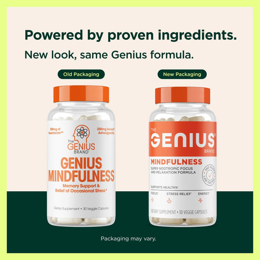 The Genius Brand Genius Mindfulness bottle label close-up highlights natural ingredients.