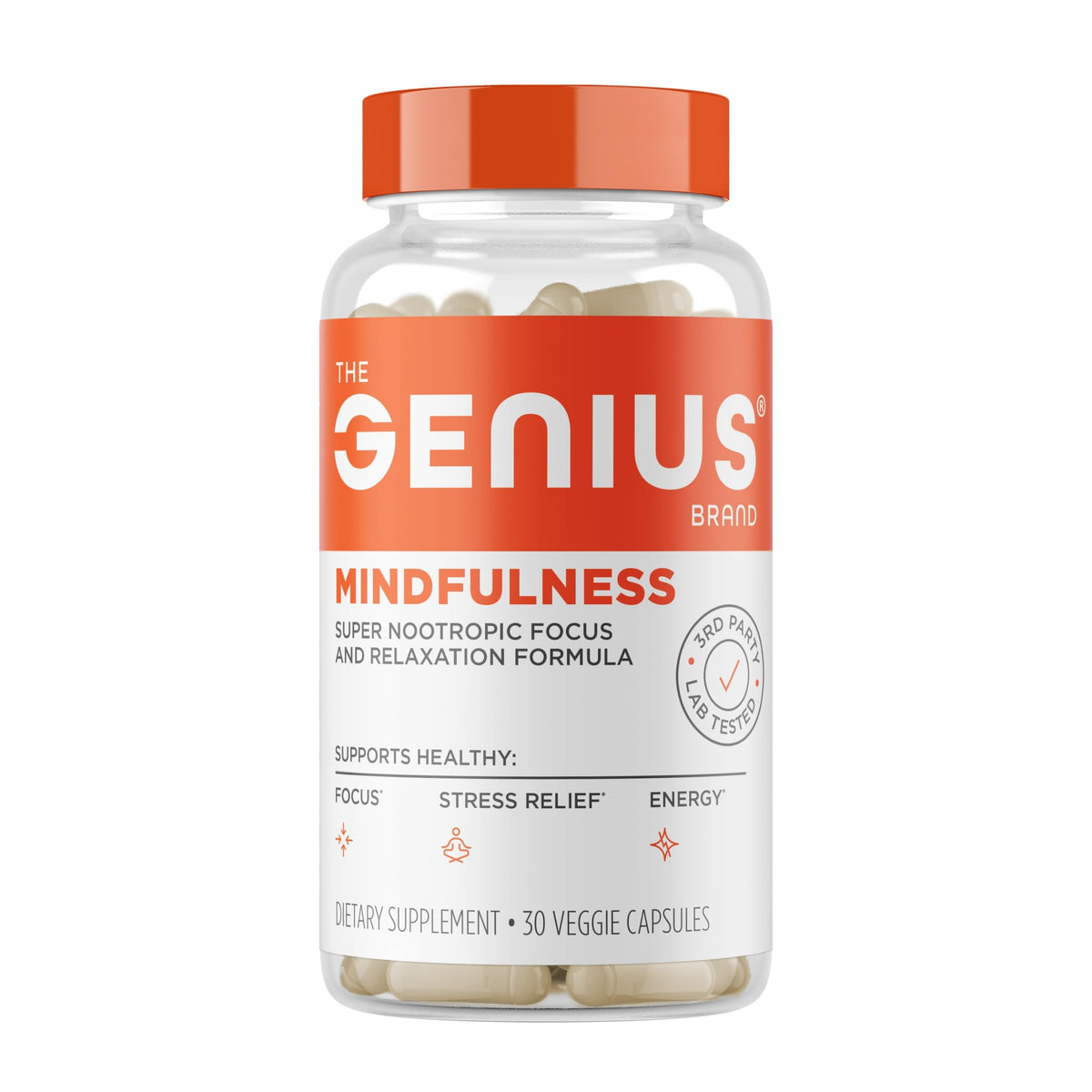 The Genius Brand Genius Mindfulness bottle being poured for convenient daily use.
