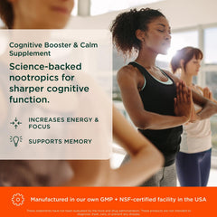 The Genius Brand Genius Mindfulness pills close-up show plant-based formulation for daily support.
