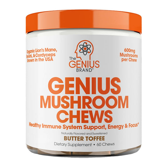 The Genius Brand Genius Mushroom bottle front for on-the-go focus and energy support
