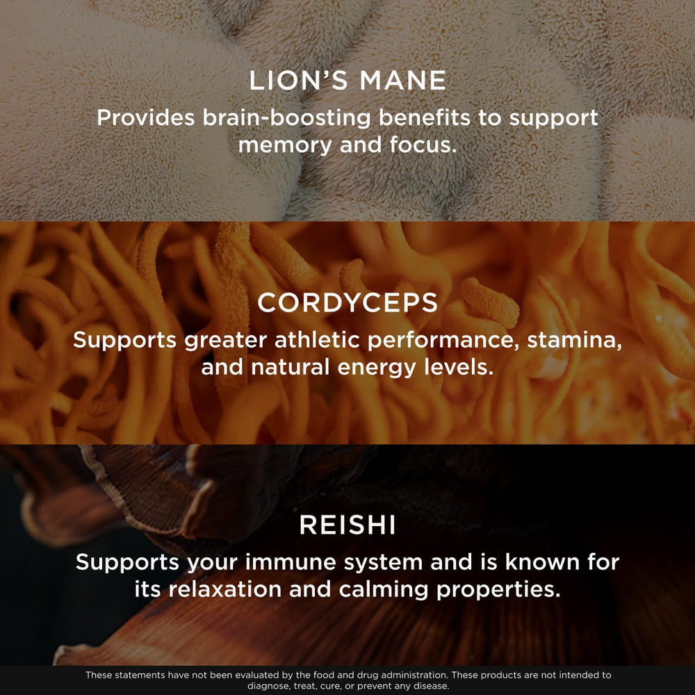 The Genius Brand Genius Mushroom ingredients label with lion's mane, cordyceps, and reishi