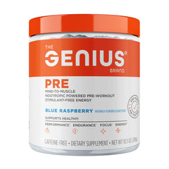 The Genius Brand Genius Pre blue raspberry tub for a clean pre-workout flavor.