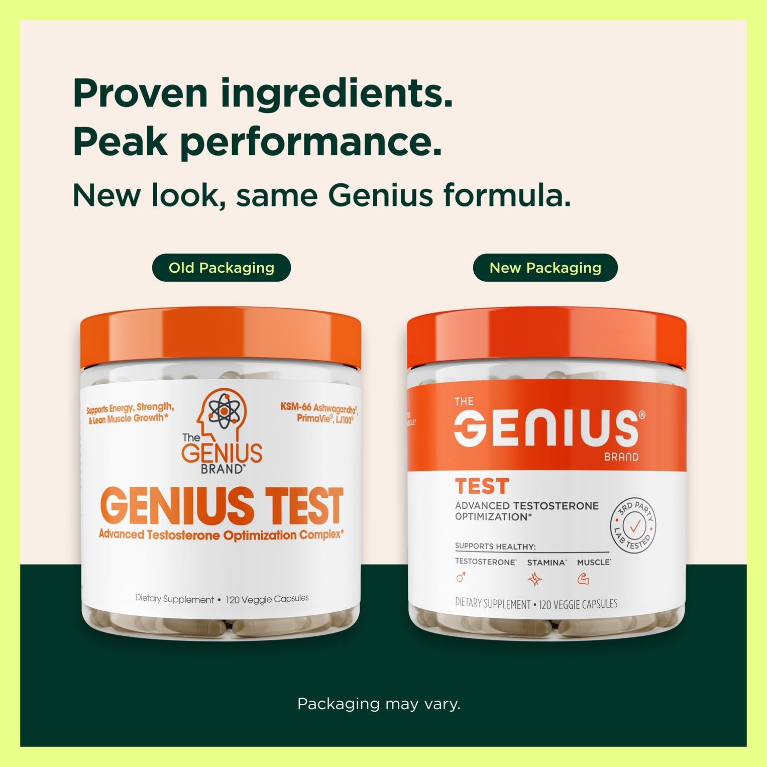 The Genius Brand Genius Test label view shows bold branding and ingredient transparency.