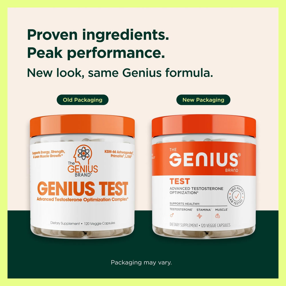 The Genius Brand Genius Test label view shows bold branding and ingredient transparency.