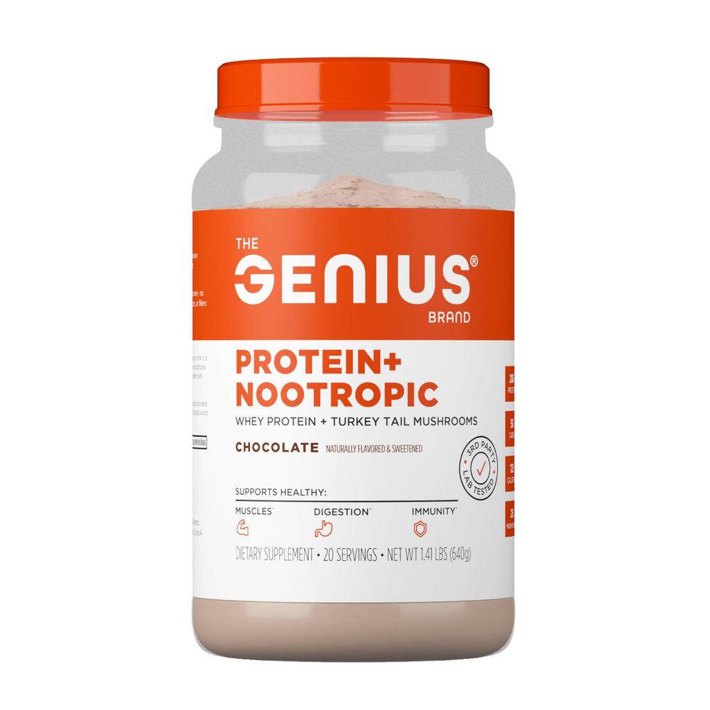 The Genius Brand chocolate protein canister for post-workout protein boost