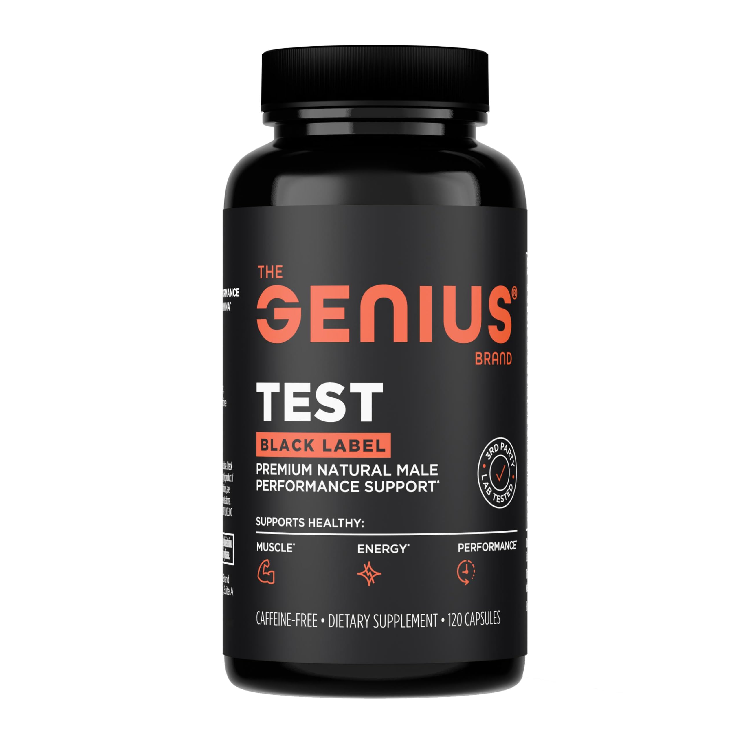 The Genius Brand Test Black Label bottle front shows premium energy support.