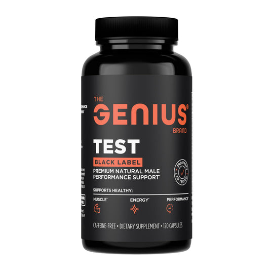 The Genius Brand Test Black Label bottle front shows premium energy support.