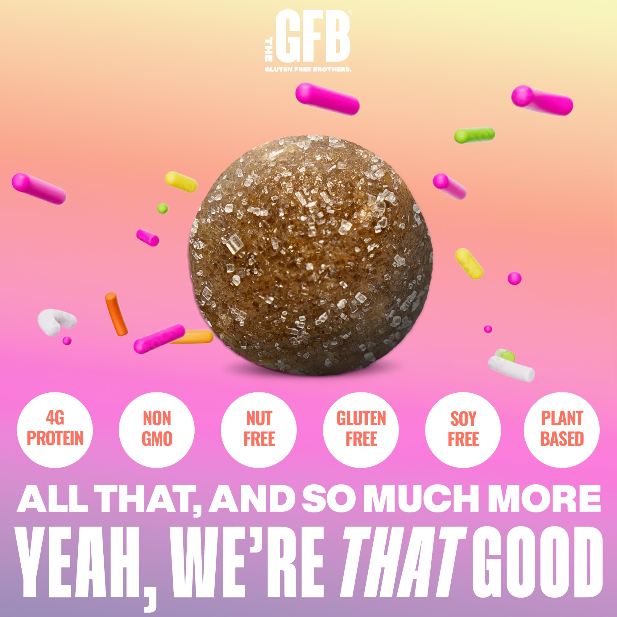 The GFB Birthday Cake Protein Bites back panel, non-GMO verified and kosher certified.