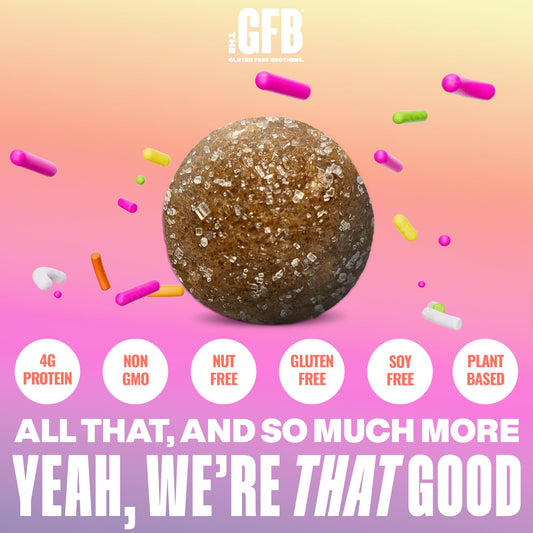 The GFB Birthday Cake Protein Bites back panel, non-GMO verified and kosher certified.
