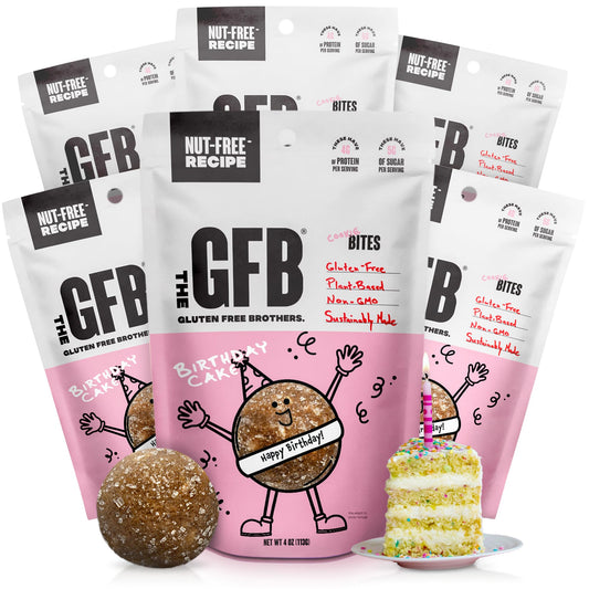 The GFB Birthday Cake Protein Bites bag front view, gluten free and vegan for on-the-go snacking.