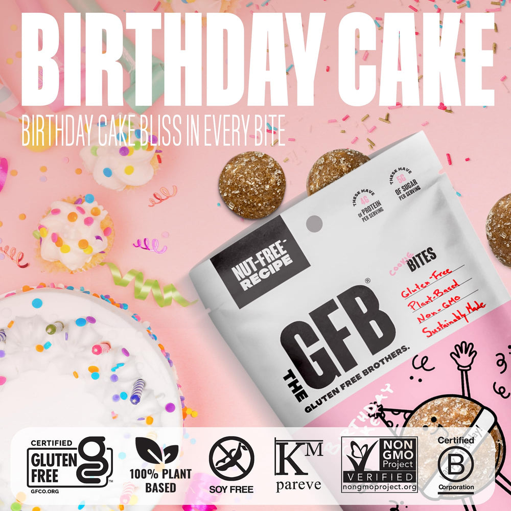The GFB Birthday Cake Protein Bites ingredients panel, plant-based and mainly organic.