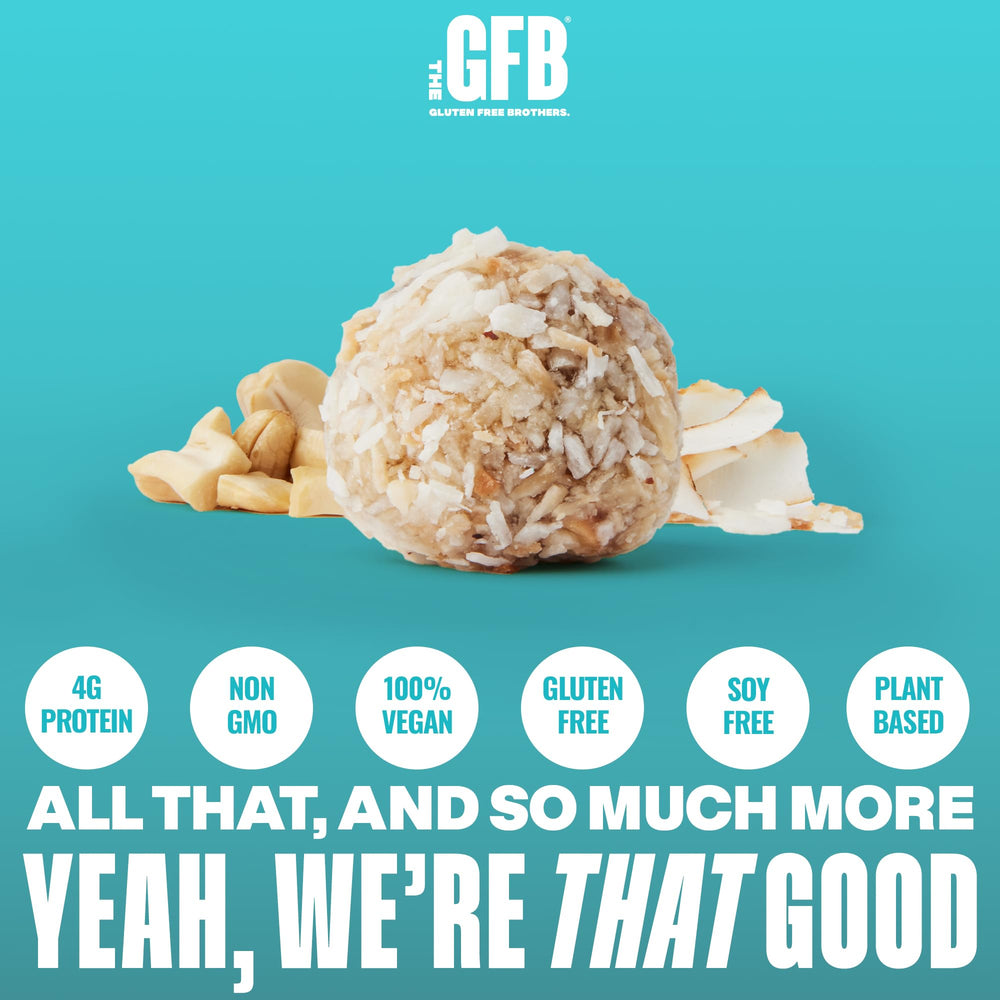The GFB Coconut Cashew Bites texture closeup shows creamy, crispy, chewy bites.