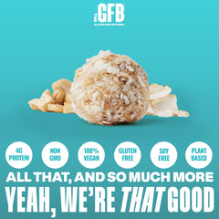 The GFB Coconut Cashew Bites texture closeup shows creamy, crispy, chewy bites.