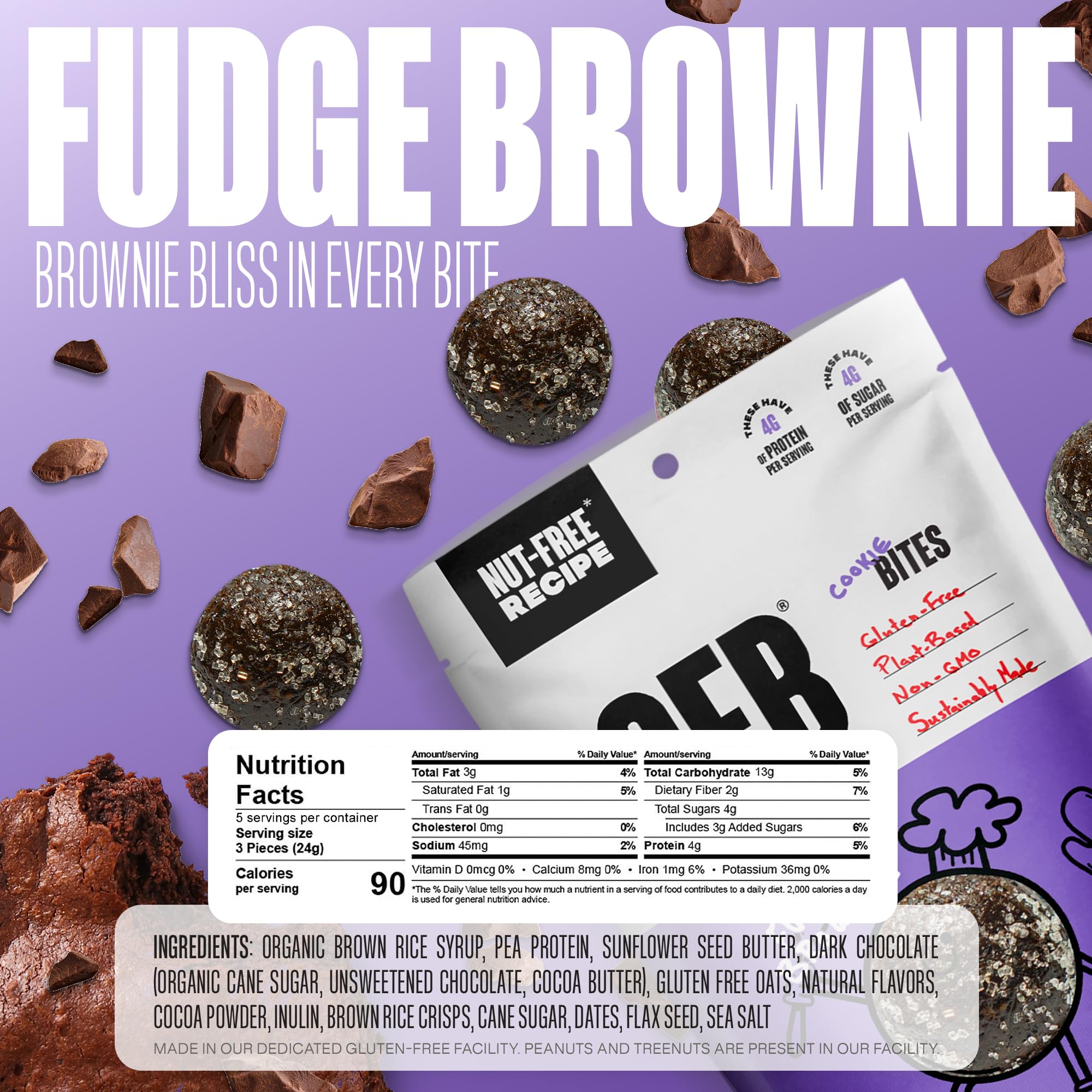 The GFB fudge brownie bites in a 4oz pouch, gluten-free and vegan.