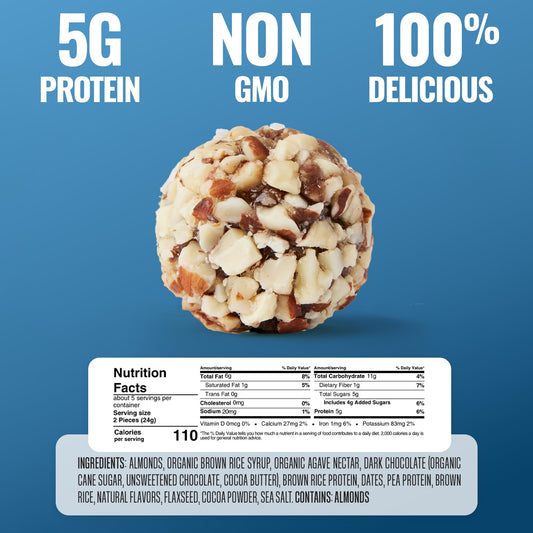 The GFB Dark Chocolate Almond Protein Bites closeup chocolate pieces energizing bite