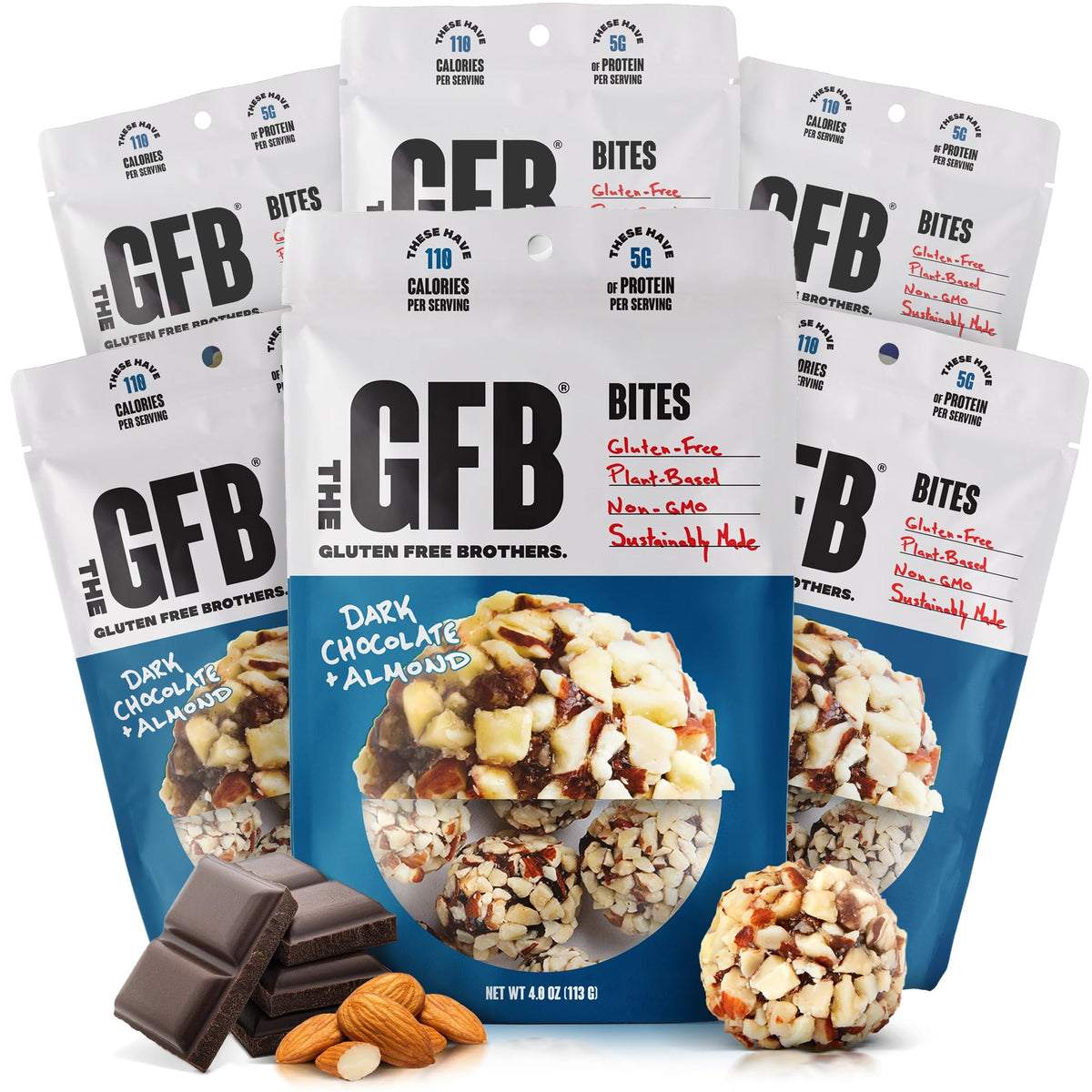 The GFB Dark Chocolate Almond Protein Bites pack front for on-the-go snacking