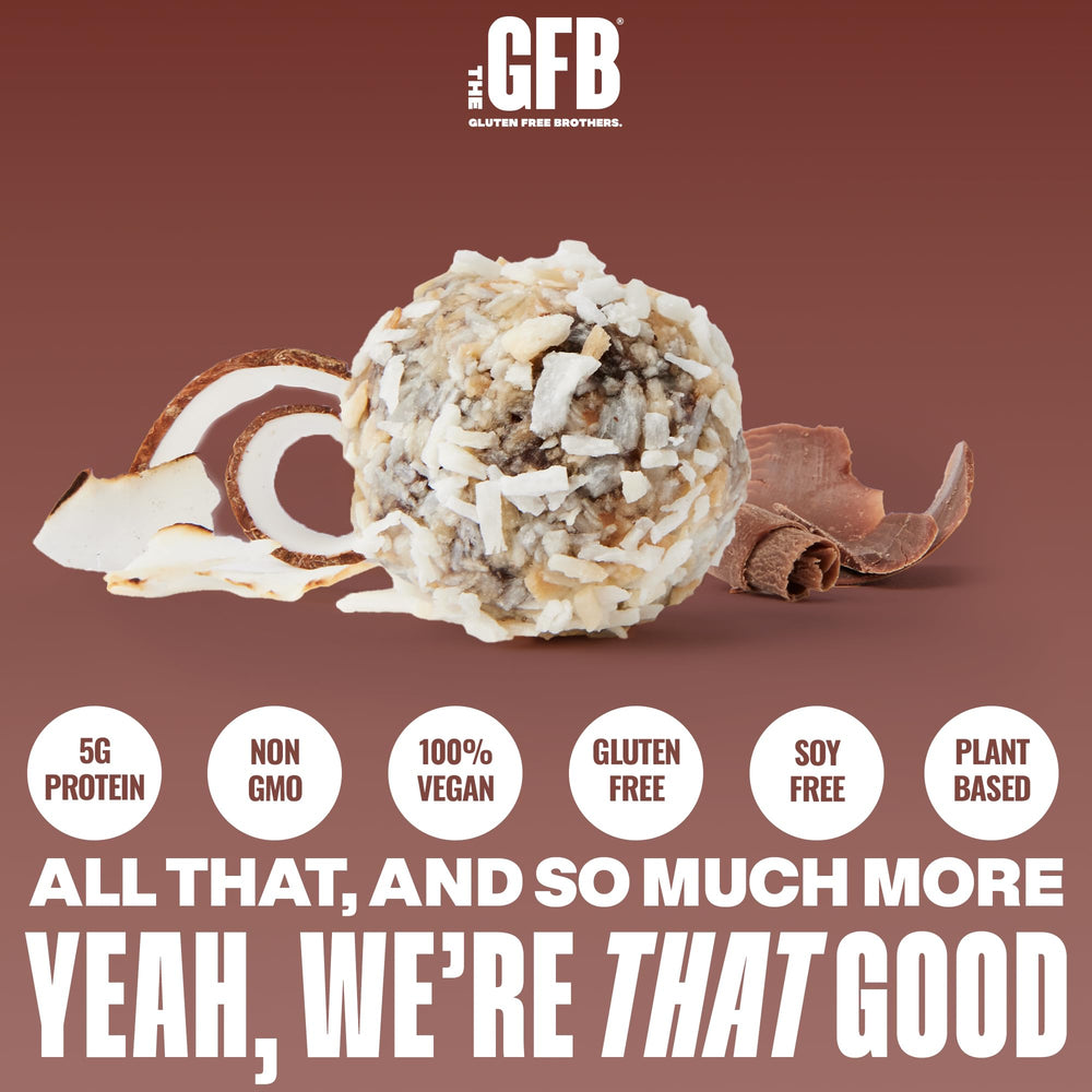 Close-up of The GFB bites highlighting dark chocolate and toasted coconut.