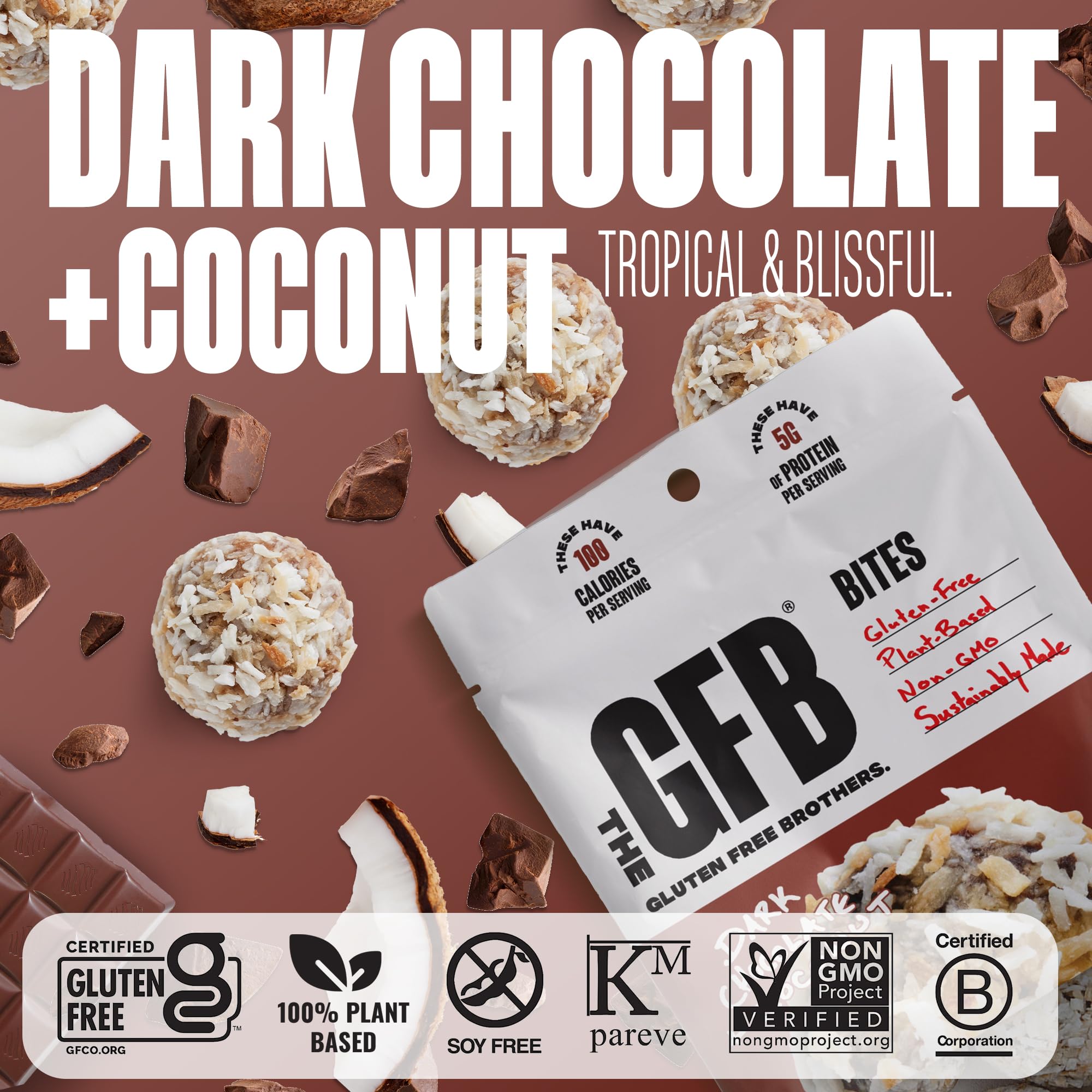 The GFB dark chocolate coconut bites ingredients emphasize simple plant-based components.