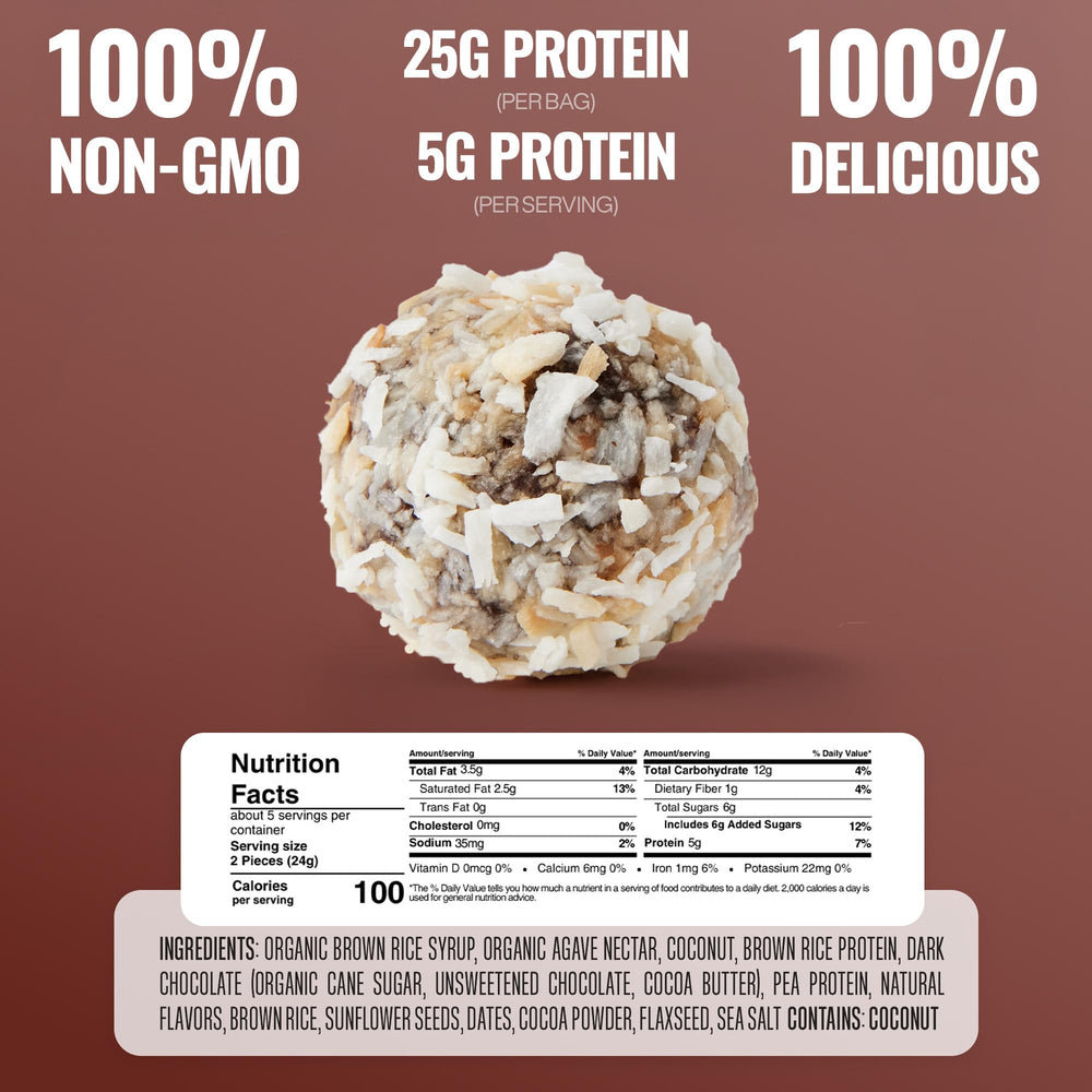 Nutrition facts for The GFB bites with protein and vegan ingredients.
