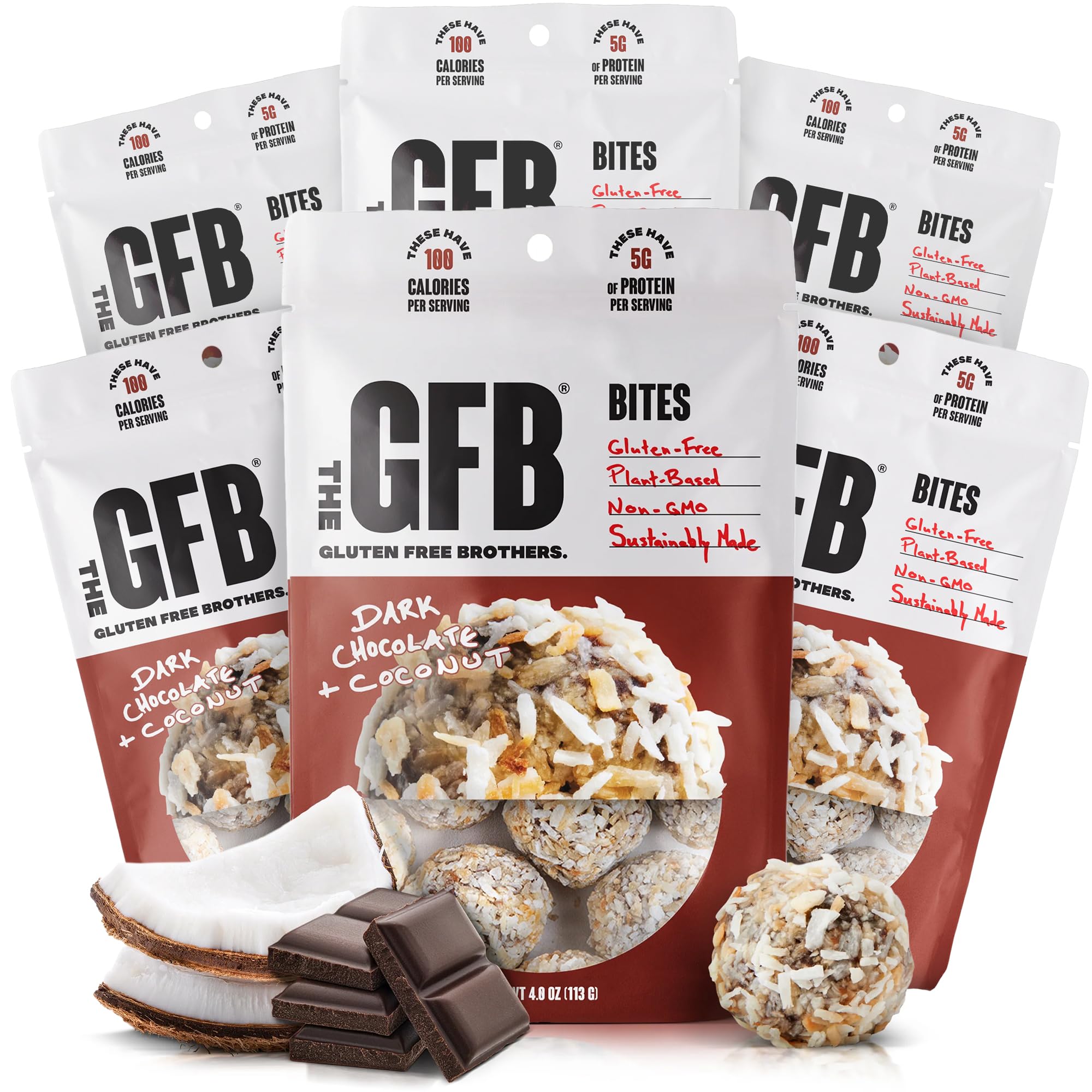 The GFB dark chocolate coconut bites pack shown for on-the-go snacking.