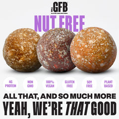 Close-up of The GFB packaging highlighting nut-free and gluten-free labels.