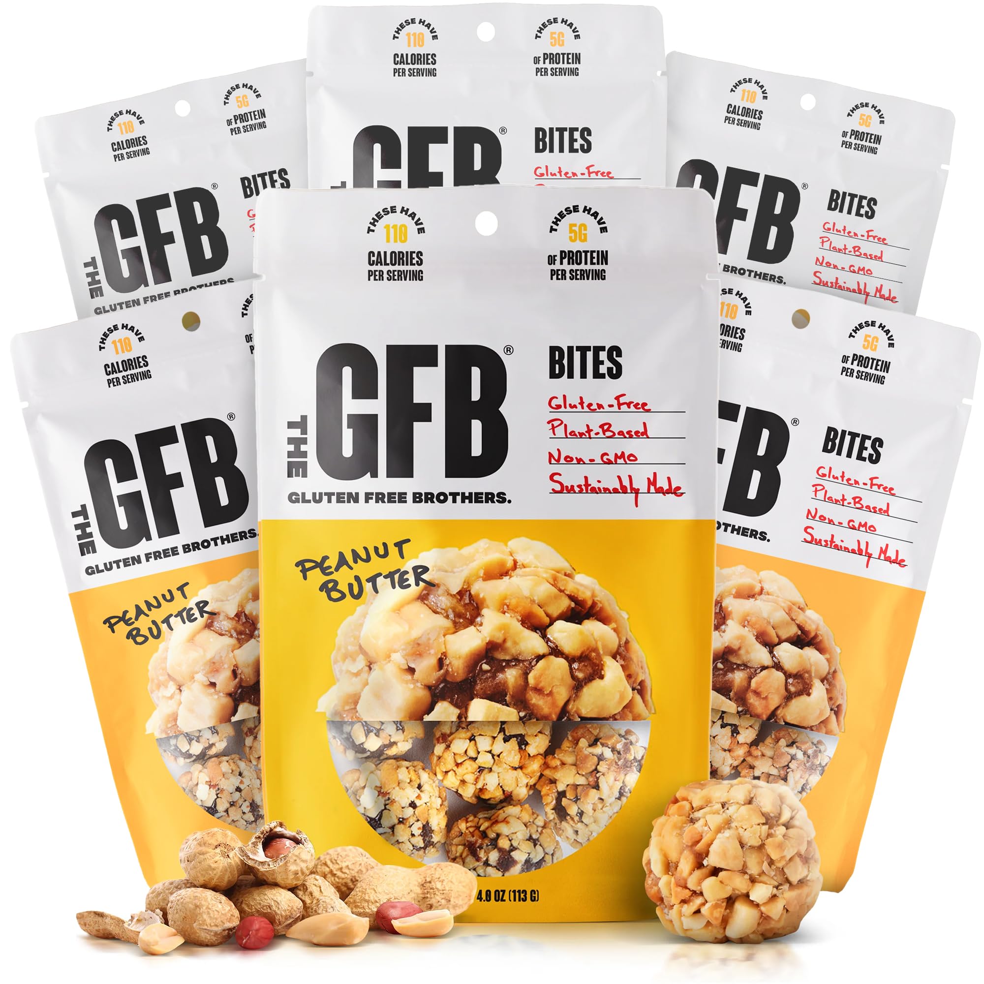 The GFB peanut butter bites packaging highlights gluten-free, vegan protein in a convenient six-pack.