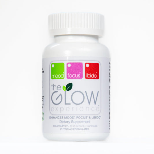 The Glow Experience bottle closeup for easy daily mood support.