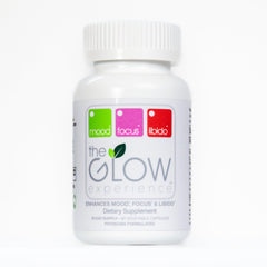 The Glow Experience bottle closeup for easy daily mood support.