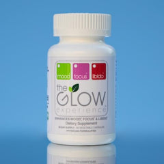 The Glow Experience capsules arranged on a clean surface for daily focus support.