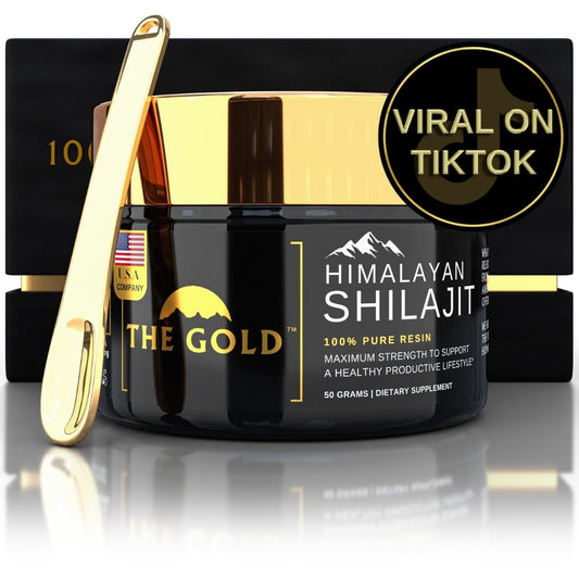 THE GOLD Shilajit Resin bottle pour showing pure Himalayan resin for daily energy