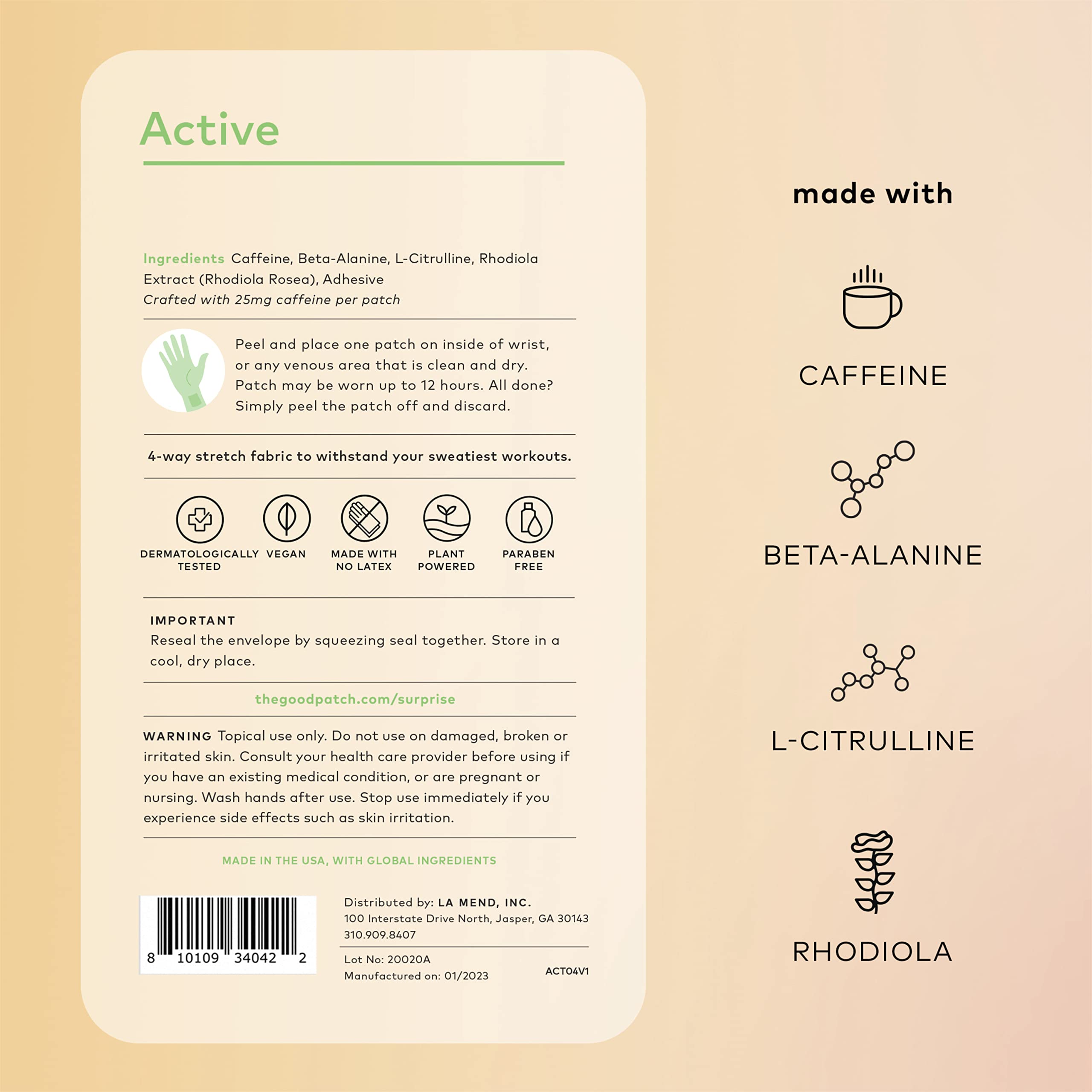 The Good Patch Active Patch packaging shows six pouches for on-the-go use