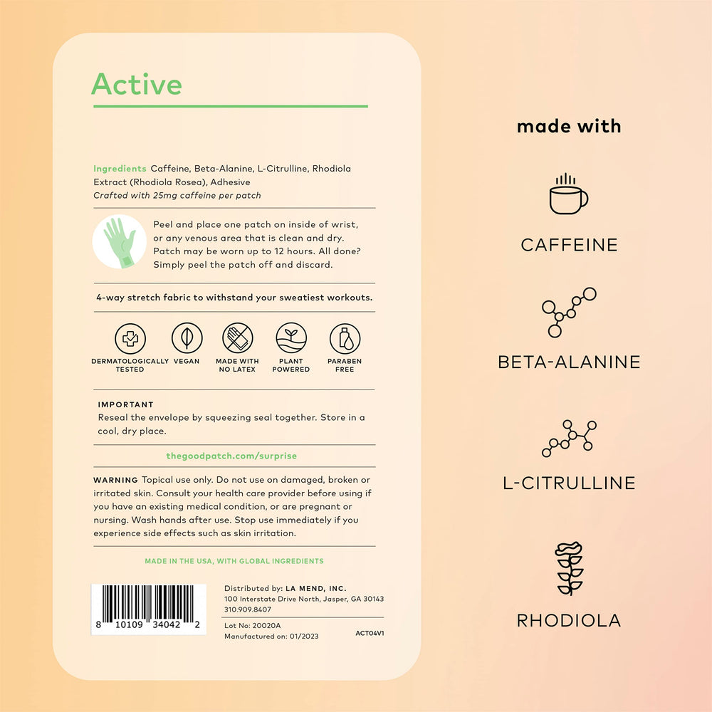 The Good Patch Active Patch packaging shows six pouches for on-the-go use