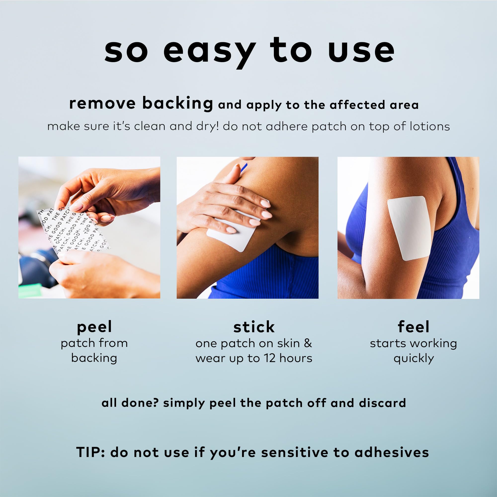 The Good Patch arm-patch applied on arm for targeted discomfort relief.